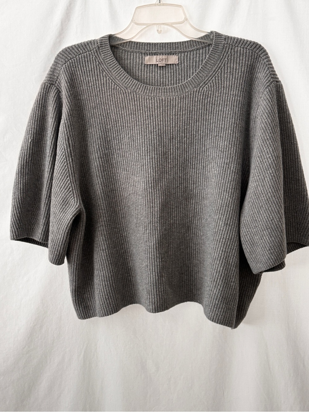 LOFT Gray Ribbed Short-Sleeve Crew Sweater